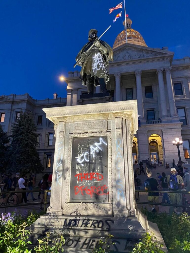 Graffiti spray painted on the Denver Civil War Monument - May 29 2020 - CC4 - wikicommons - Sicktsk